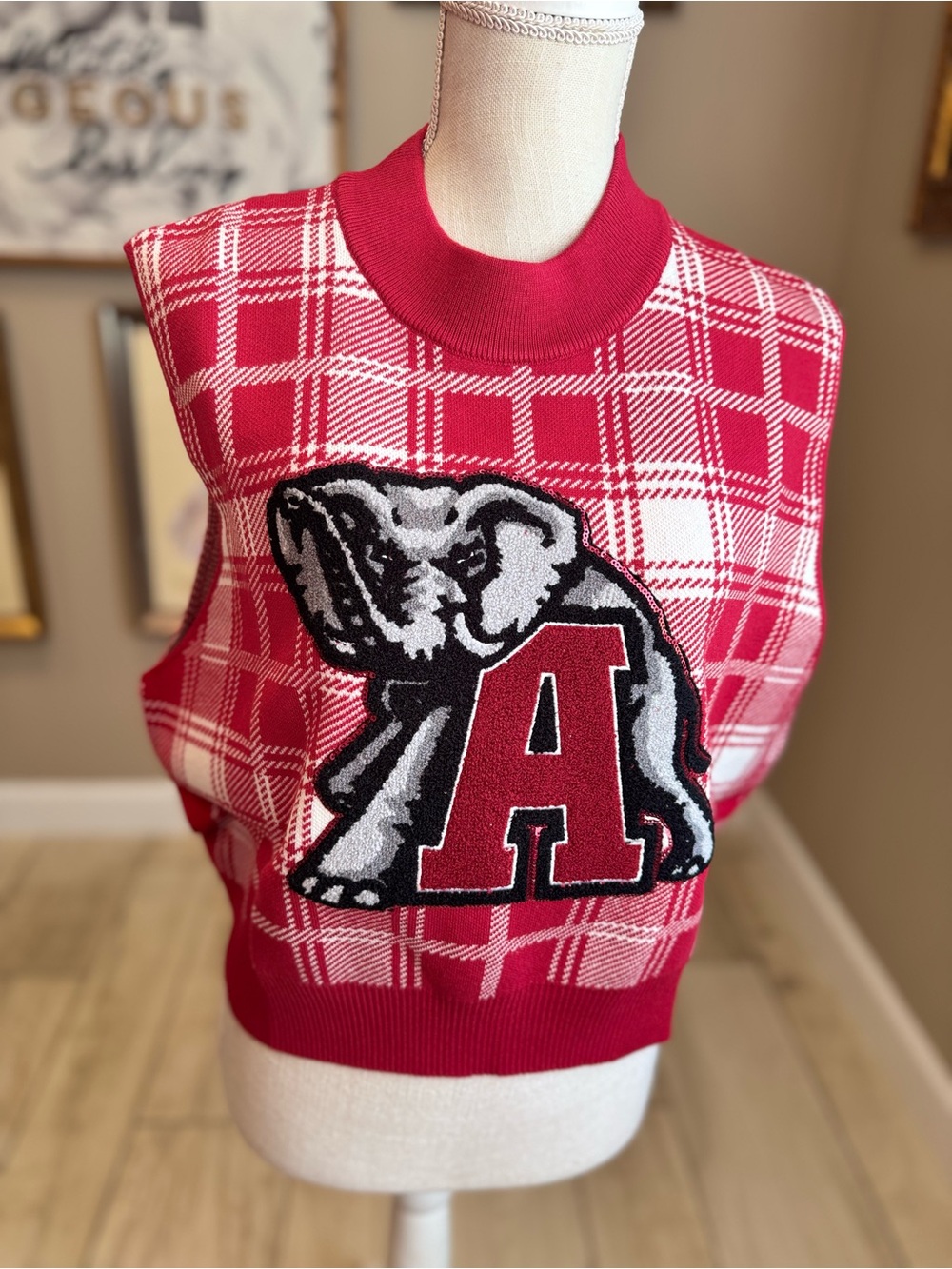 New! QUEEN OF SPARKLES Crimson & White Plaid Alabama Mascot Knit Sweater Vest